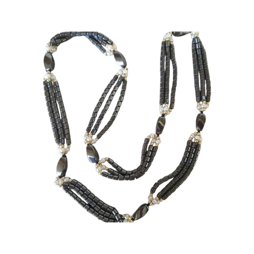 Vintage Hematite and Pearl Beaded Necklace Gray White 36 cm Fashion Jewelry